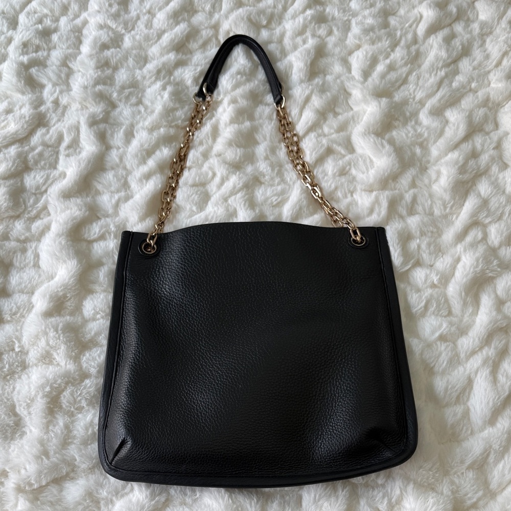 Tory Burch Black Pebbled Leather Tote with Gold Logo & Chain Straps - Picture 2 of 9